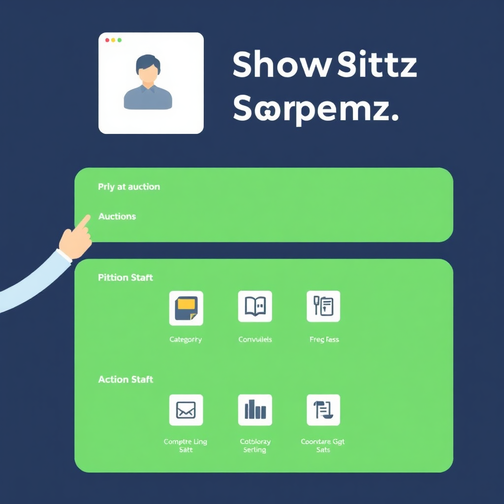 Depict a seller setting up an auction on ShowBidz, with various product categories and auction options available. Style: Easy to understand and simple.