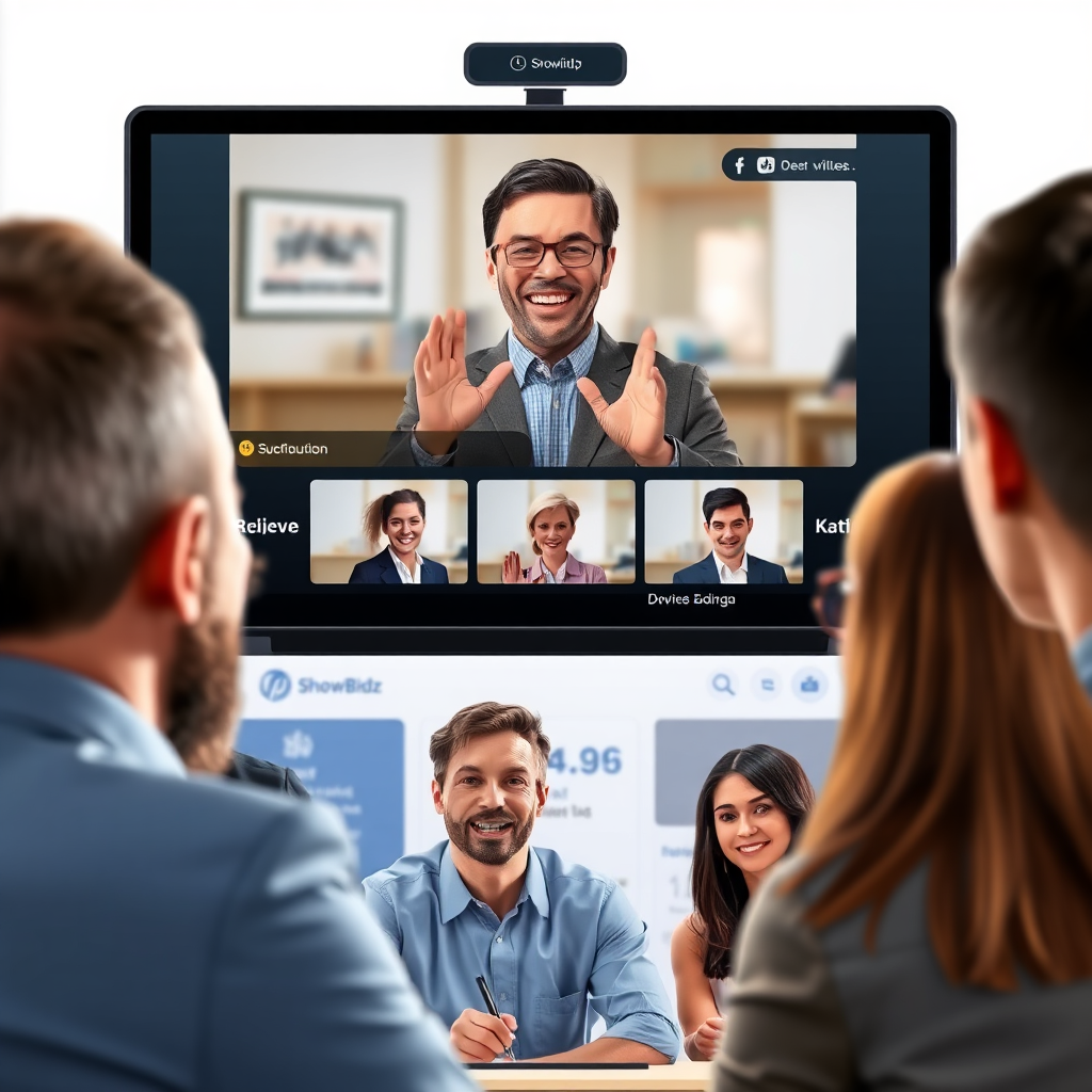 Depict a split-screen showing a host interacting with bidders through live video and chat during an auction. The expressions should convey engagement and a sense of community. The background is a stylized representation of the ShowBidz platform. Camera: Balanced composition showcasing both the host and the bidders. Style: Collaborative and interactive, using a clean and modern design.