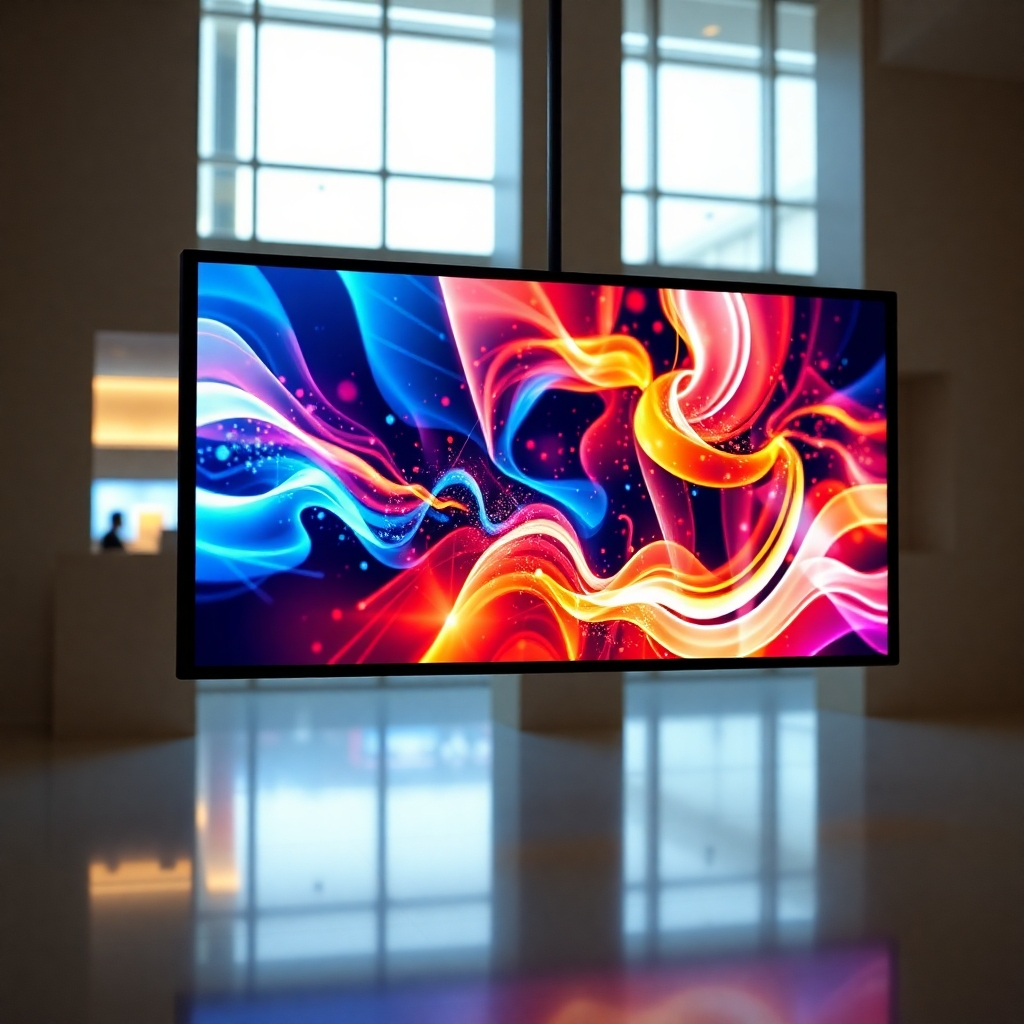 Generate a photorealistic image of a sleek, frameless digital display showcasing vibrant, high-resolution content. The display is integrated into a modern architectural setting, with ambient lighting enhancing its visual impact. Focus on sharp details and color accuracy to highlight the advanced technology.
