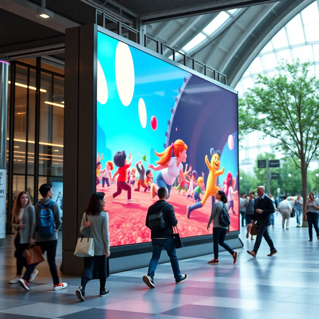 Generate a photorealistic image of a large digital display showcasing animated content in a public space. The animation is fluid and engaging, capturing the attention of passersby. Focus on the movement and energy of the animation.