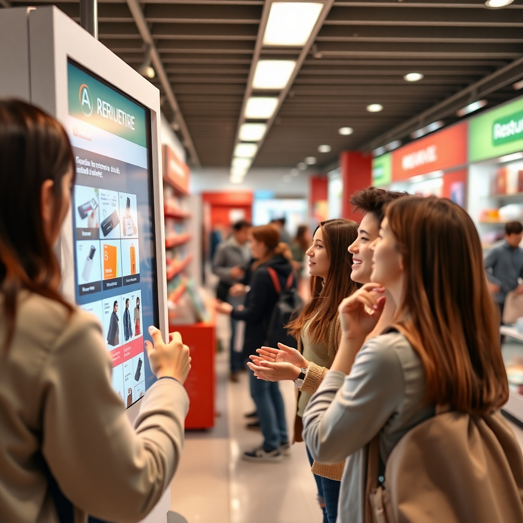 Generate a photorealistic image of customers interacting with an interactive digital kiosk in a retail setting. The kiosk displays product information, promotions, and a touch screen interface. Focus on capturing the engagement and enthusiasm of the users.