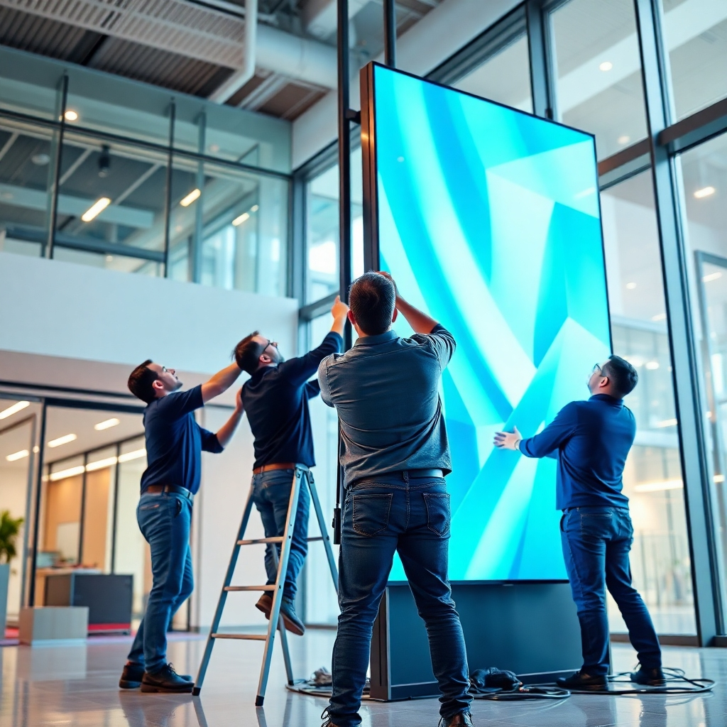 Generate an image of a professional installation team setting up a large digital display in a modern business environment. Emphasize the technical expertise and attention to detail.