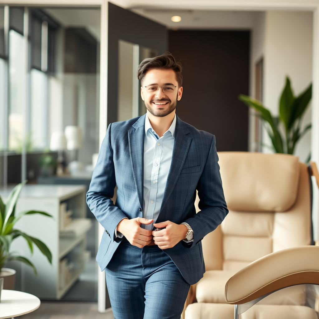 Image of a vibrant, healthy professional leaving their office after relaxing in their massage chair. Emphasize wellness.
