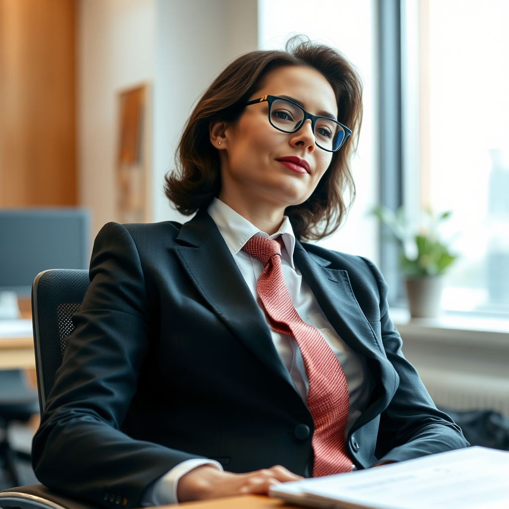 Image of a well-dressed professional relaxing and serene in an office setting.