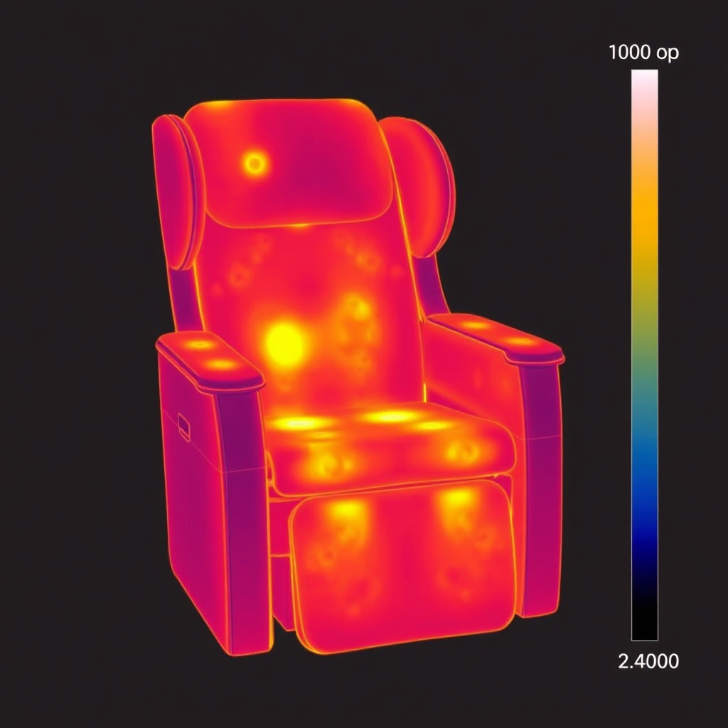 Infrared image displaying the heat distribution of the chair, emphasizing the therapeutic warmth in key areas. Use a gradient color scheme to indicate temperature levels.