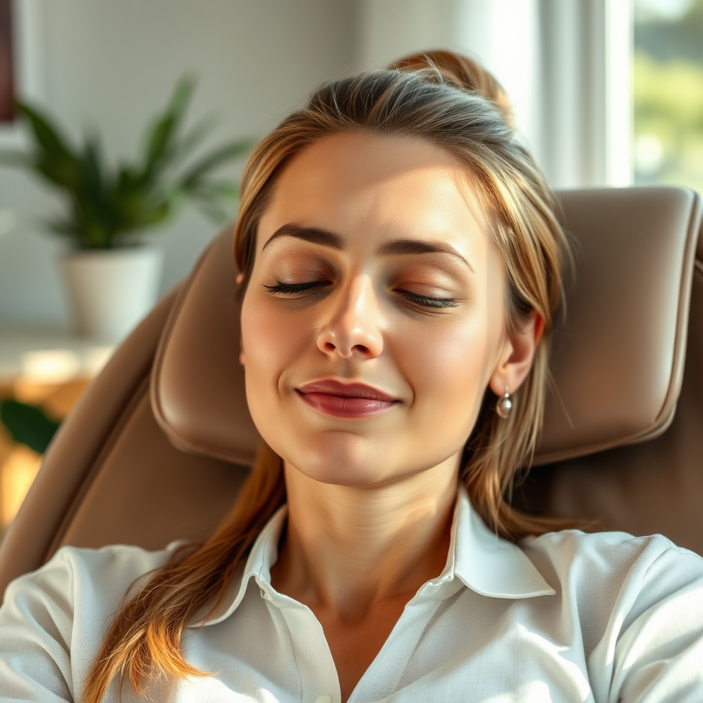 Photorealistic image of a professional using the massage chair, eyes closed and a serene expression on their face. Soft, natural lighting streams in from a nearby window. The color palette should be calming and neutral, emphasizing the feeling of relaxation.