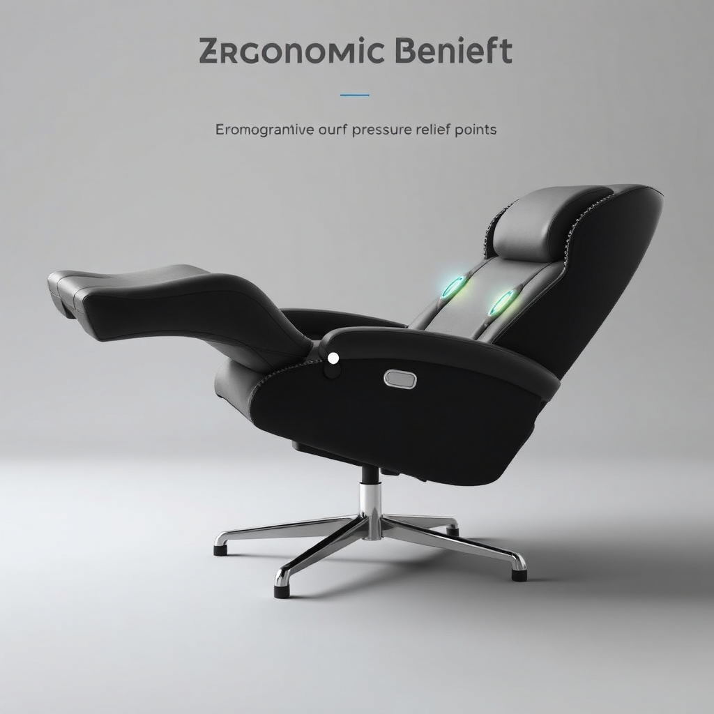 Photorealistic image of the chair fully reclined in zero-gravity position. Showcase the ergonomic benefits with glowing lines indicating the pressure relief points. The background should be a calming, neutral color.