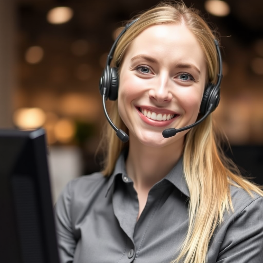 Picture a helpful customer support representative smiling and ready to assist. Style: Friendly and approachable.