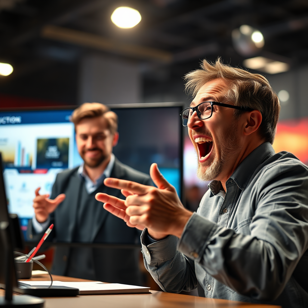Picture a split screen showing the seller presenting an item, and the buyer actively bidding on it. Convey the thrill with excited facial expressions, lighting effects, and a dynamic auction interface. Camera focus on action. Style: Action packed and real.