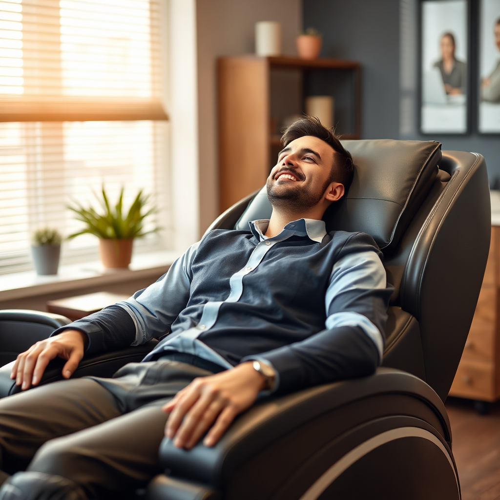 Professional male relaxing in the massage chair in an office setting. Warm, inviting atmosphere. High-quality photo.