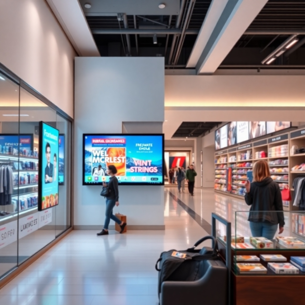 Render a photorealistic image of a digital signage display seamlessly integrated into a modern retail environment. The display is showcasing promotional content, attracting customers and enhancing the shopping experience. Focus on clean lines and a clutter-free aesthetic.