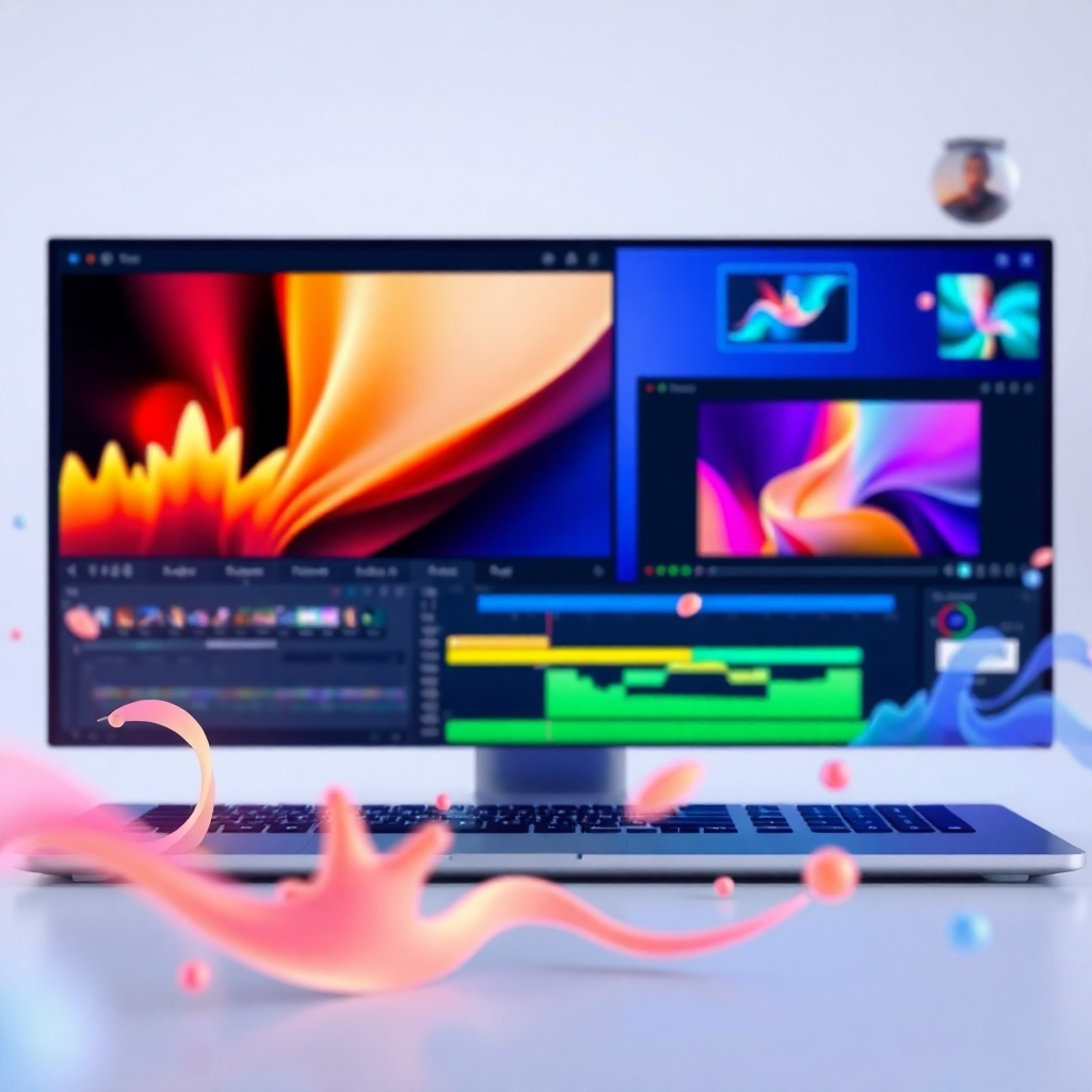 Render an image representing digital content creation, showcasing video editing software, motion graphics, and dynamic animations.