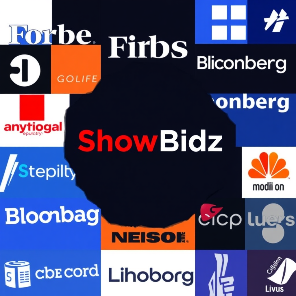 Stylized image showcasing logos of well-known media publications such as Forbes, Bloomberg, etc. with ShowBidz logo in the center. Style: Professional and reputable.