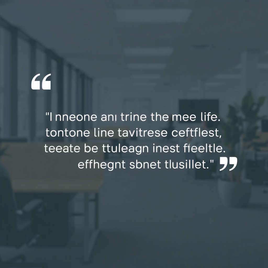 Testimonial text over an office image.