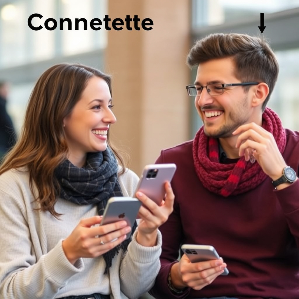 Two people chatting on a mobile device as they happily look at each other. Style: Connected and helpful.