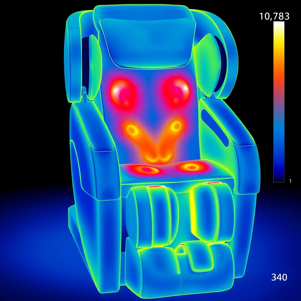 Use thermal imaging to display the areas of heat distribution in the massage chair. Use a gradient color scheme to indicate temperature levels and highlight the therapeutic warmth.
