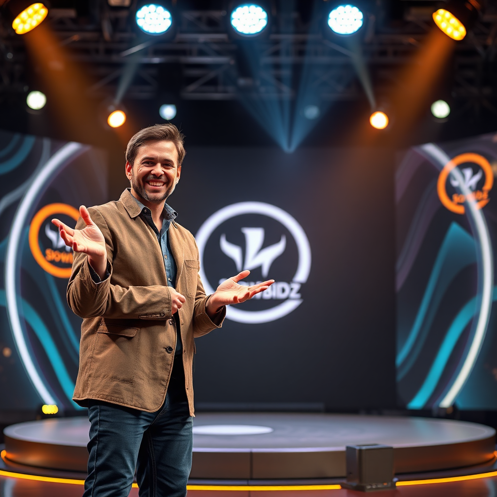 Visualize a confident individual standing on a virtual stage, enthusiastically presenting an item to a captivated audience. The lighting is dramatic, accentuating the presenter's charisma. The background features dynamic graphics and the ShowBidz logo. Camera: Eye-level, focusing on the presenter's engaging expression. Style: Energetic and motivational, blending photorealism with stylized graphics.