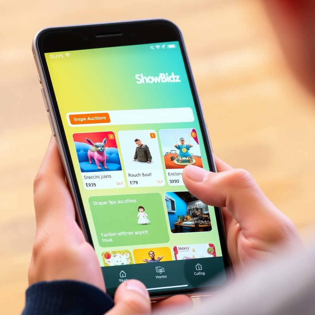 Visualize a user scrolling through the ShowBidz app's interface, browsing various auction categories with vibrant visuals. Show a variety of exciting items and experiences available. Camera: Focused on app UI. Style: Vibrant and user-friendly.