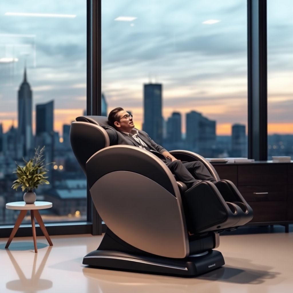 Wider view showing a professional using the massage chair, subtly visible in a modern, minimalist office setting with a city skyline at sunset.