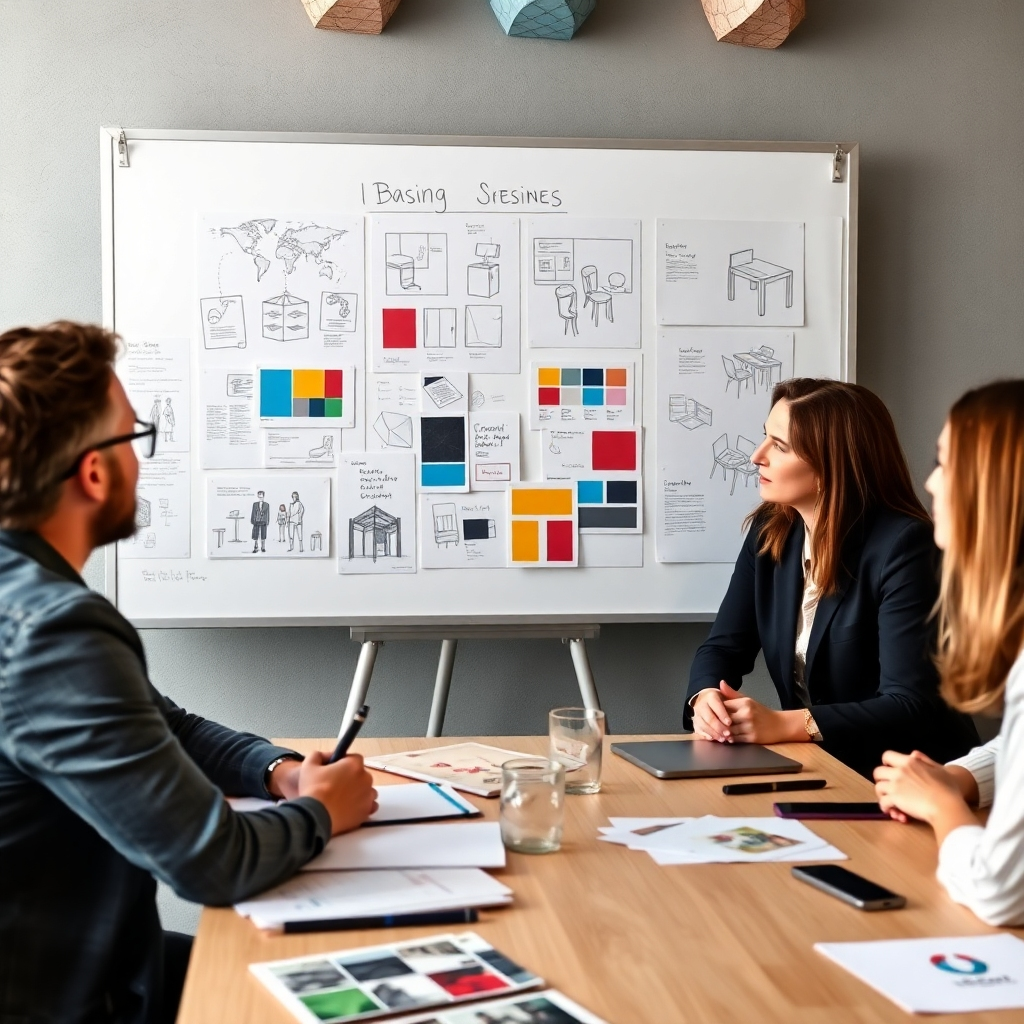 A photorealistic image depicting a meeting between client and designer, showcasing collaborative discussion of ideas on a mood board, with sketches, color palettes, and design concepts clearly visible.