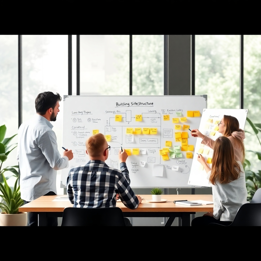A photorealistic image depicting a brainstorming session, where diverse team members are using whiteboards and sticky notes to map out the site structure, content strategy, and overall design approach. The background should be a modern office with large windows, lots of natural light, and plants. The composition should reflect a collaborative and innovative environment, with clear attention to detail.