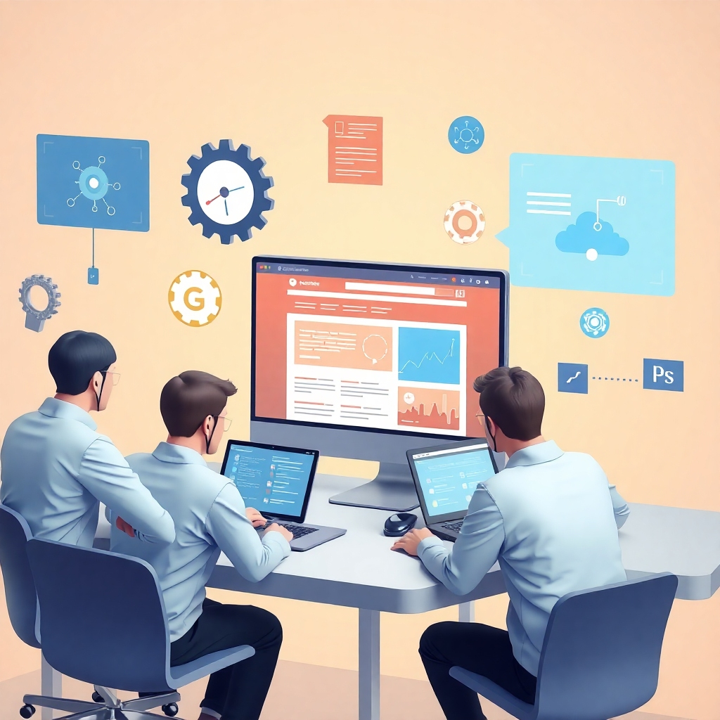 A photorealistic image depicting a team using various tools and technologies to rigorously test a website across multiple platforms, ensuring seamless performance and user experience.