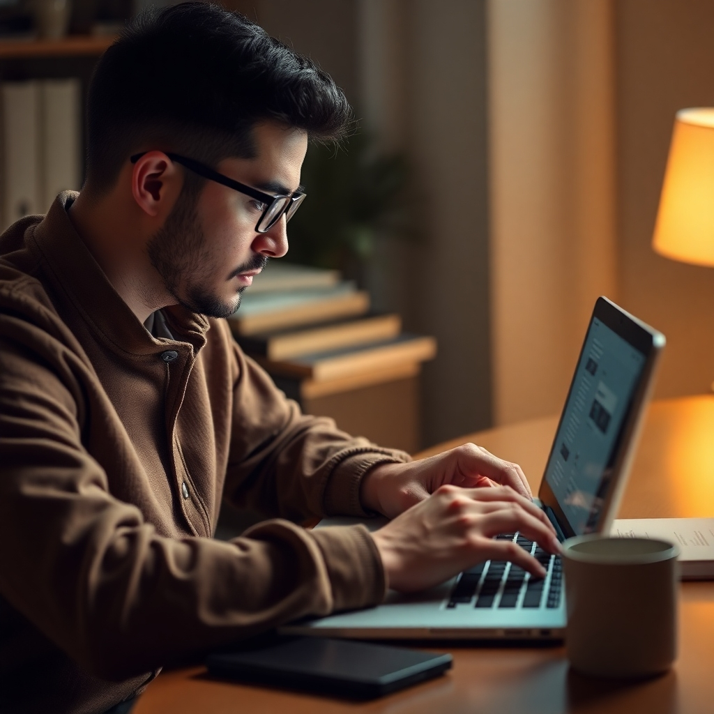 A photorealistic image depicting a writer creating content on their laptop. High-quality image and lighting are essential, highlighting creativity and productivity.