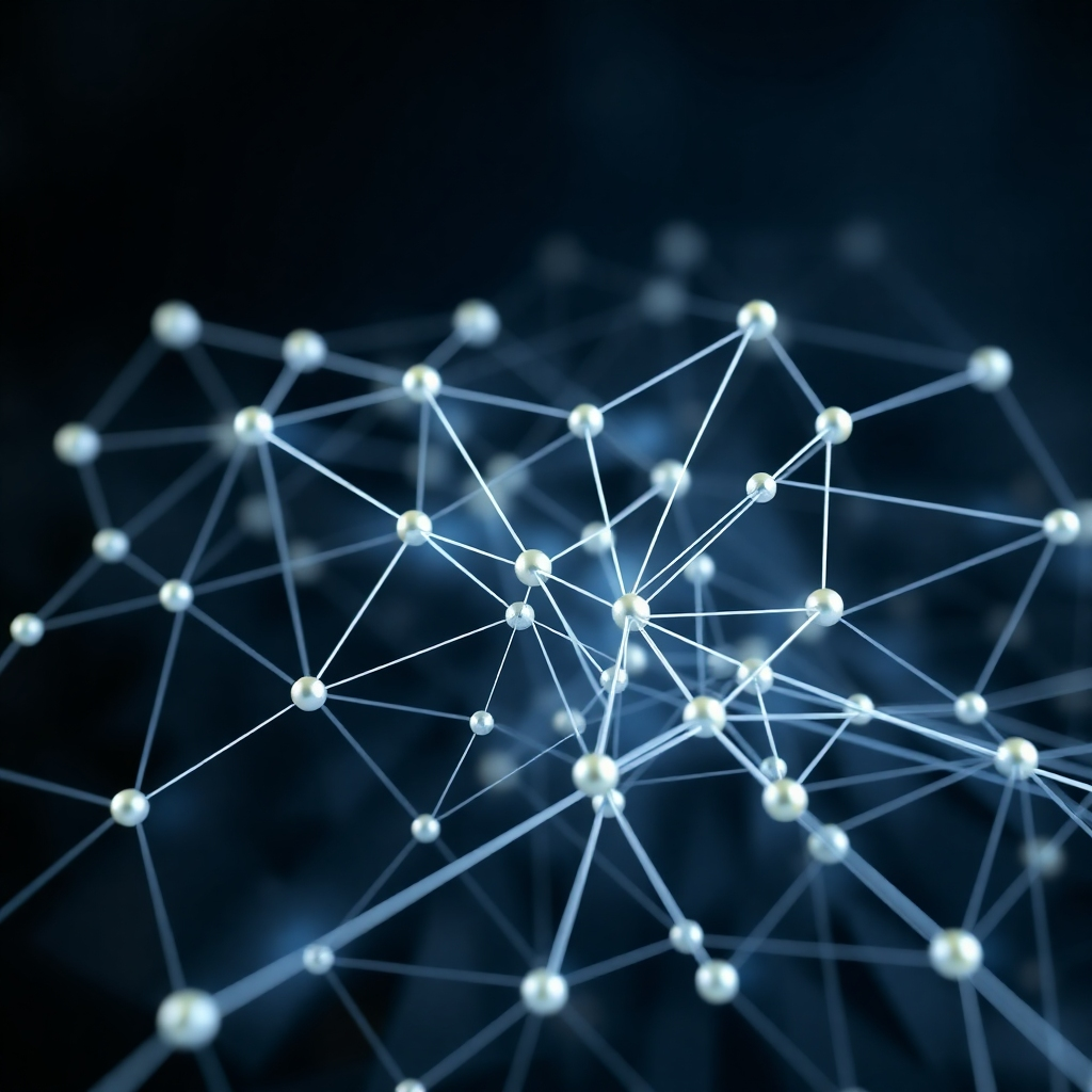 A photorealistic image depicting a network graph representing website links. This should show how links from other websites contribute to search ranking. Focus on clean, high-quality visuals.