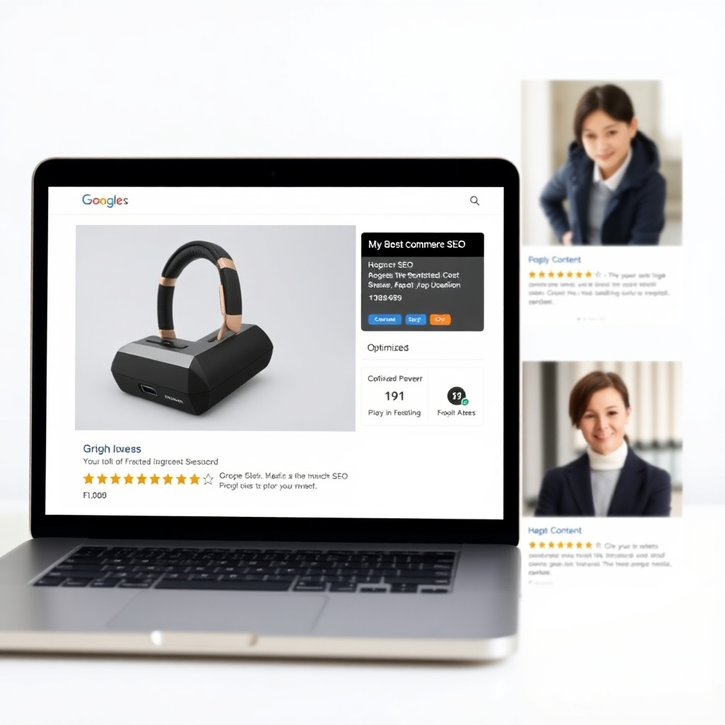 A photorealistic image of a successful e-commerce product page, with high-quality images, optimized content, and positive customer reviews. This should highlight a successful application of e-commerce SEO.