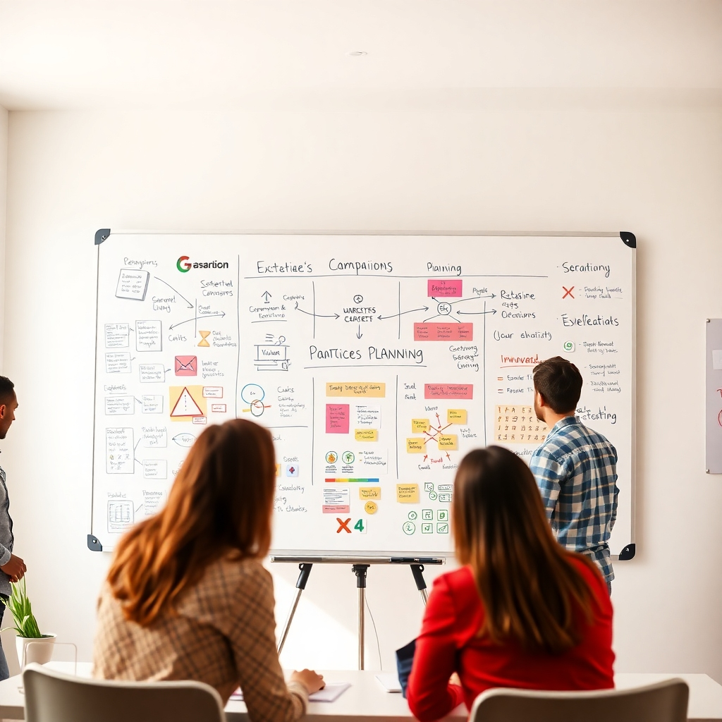 A photorealistic image of a team brainstorming around a large whiteboard filled with diagrams, charts, and keywords, representing the strategic planning phase of a marketing campaign. The scene should be bright and airy, conveying a sense of collaboration and innovation. The whiteboard should be the focal point, with the team subtly visible in the background. Color palette: bright and airy, with pops of color representing different campaign elements. Camera angle: slightly elevated, looking down on the whiteboard.