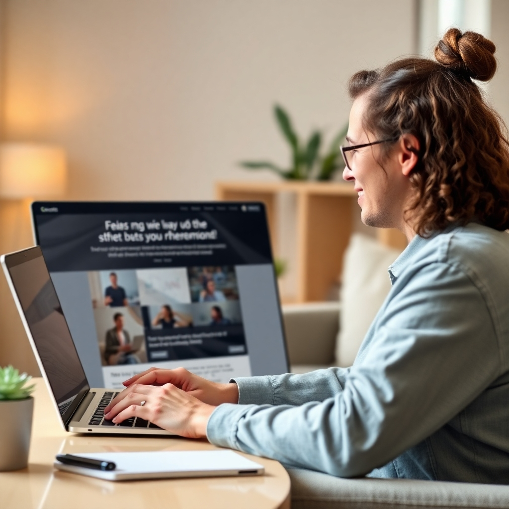 A photorealistic image of someone easily navigating a website, with a focus on the positive visual and user experience. The background should be a comfortable, modern setting, emphasizing ease of use and aesthetic appeal.
