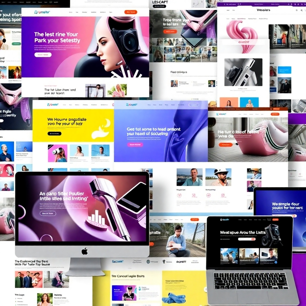 A photorealistic image showcasing a variety of high-quality website designs, demonstrating diversity in styles and functionality. The composition should be vibrant and dynamic, highlighting the versatility of the designs.