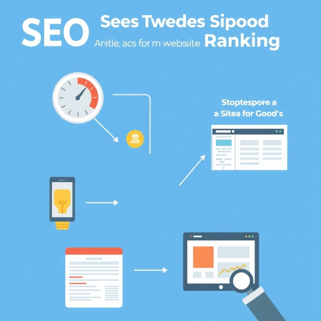 A stylized, colorful infographic that visually represents website speed, mobile responsiveness, and proper site structure as crucial elements for good SEO rankings.