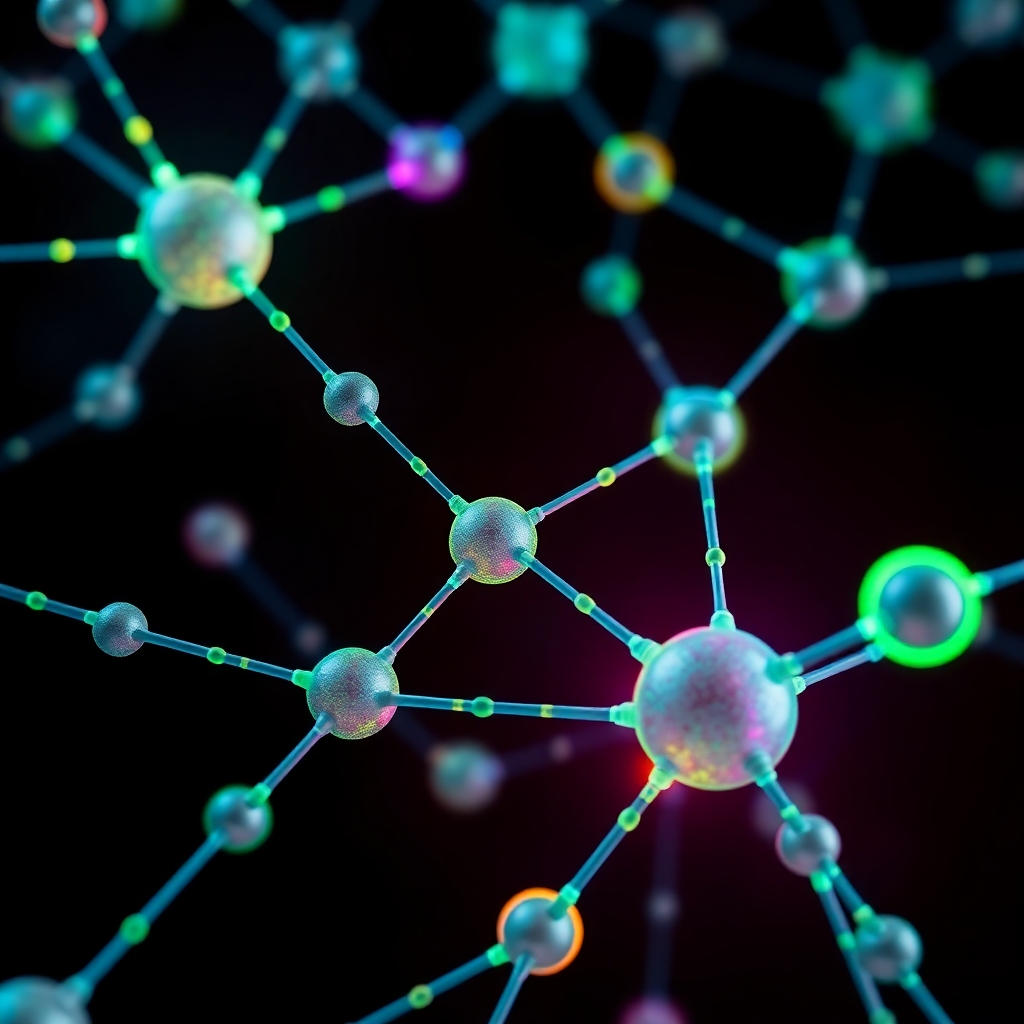 A stylized image depicting a network of interconnected nodes, each glowing with different colors, symbolizing ideas, strategies and successful campaigns. Use a dark background with bright, vibrant nodes. The nodes should be textured, appearing three-dimensional and intricate. The overall style should be clean and modern, emphasizing connectivity and collaboration.  The camera angle should be a close-up, emphasizing the detail and interconnection of the nodes. Color palette: deep blues, greens, and vibrant accent colors.  Technical specs: 4K resolution, high quality, stylized illustration.