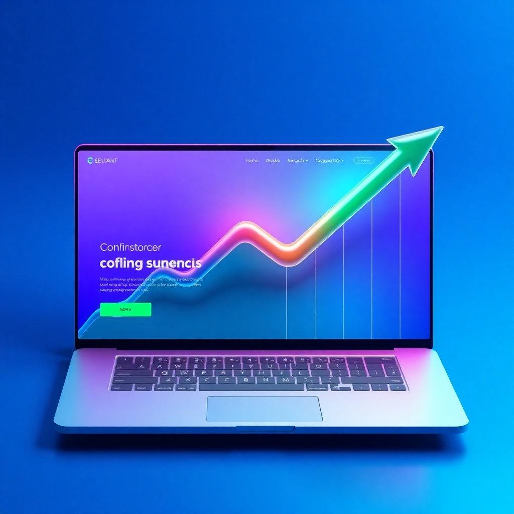 A stylized image depicting a vibrant, upward-trending graph integrated seamlessly into a modern website's design. Use a dynamic color palette featuring shades of blue, green, and purple, reflecting technological innovation. The graph's lines should be sharp, clean, and glossy, with a 3D effect subtly enhancing its visual impact. The website's design should be minimalistic yet sleek, featuring clean typography and intuitive navigation. The overall composition should project energy and growth, using a high-angle perspective to convey expansion and success. The image should be rendered in 4K resolution, maintaining a high-quality, polished finish inspired by contemporary digital art and corporate branding visuals.  The style should be clean, minimal, and highly professional, suggesting a forward-thinking design agency.
