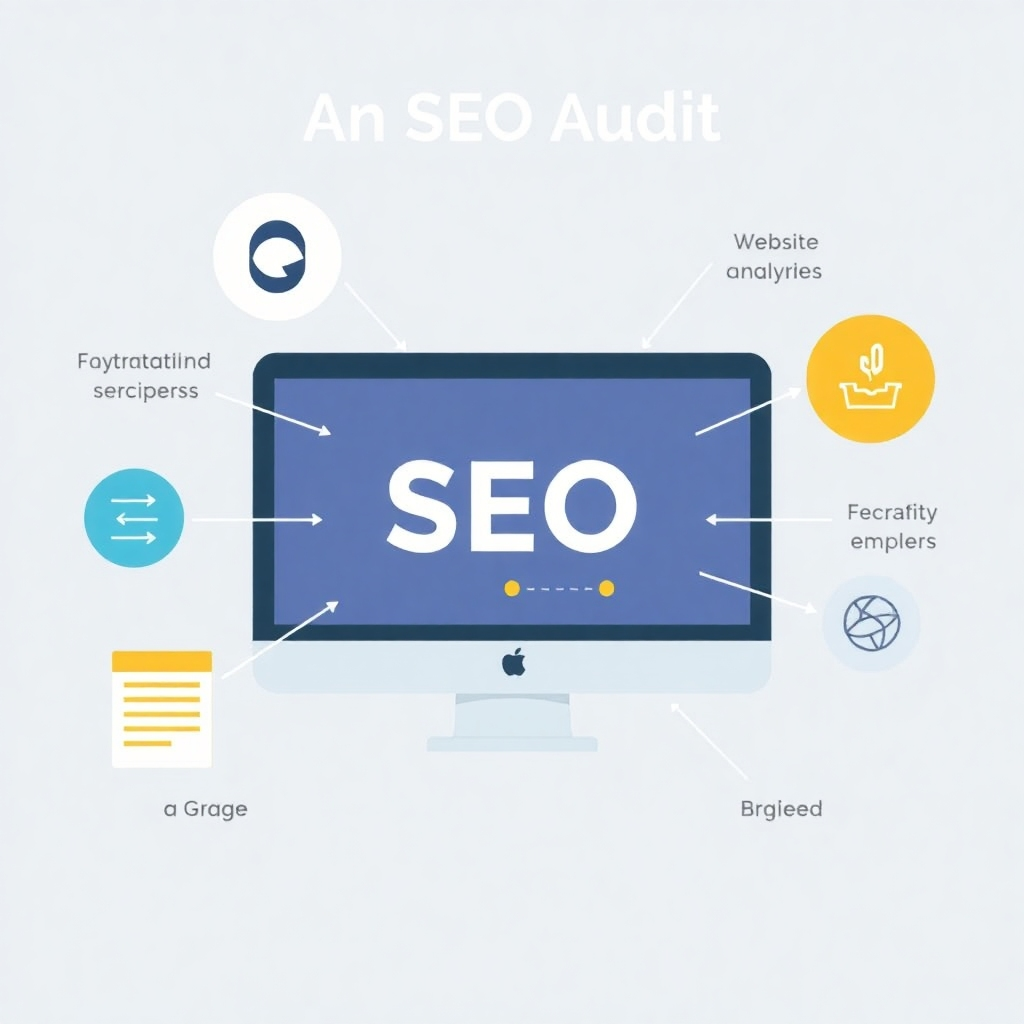 A stylized image representing a website undergoing an SEO audit. Show a visual representation of a thorough website analysis, highlighting different elements that are reviewed and graded.