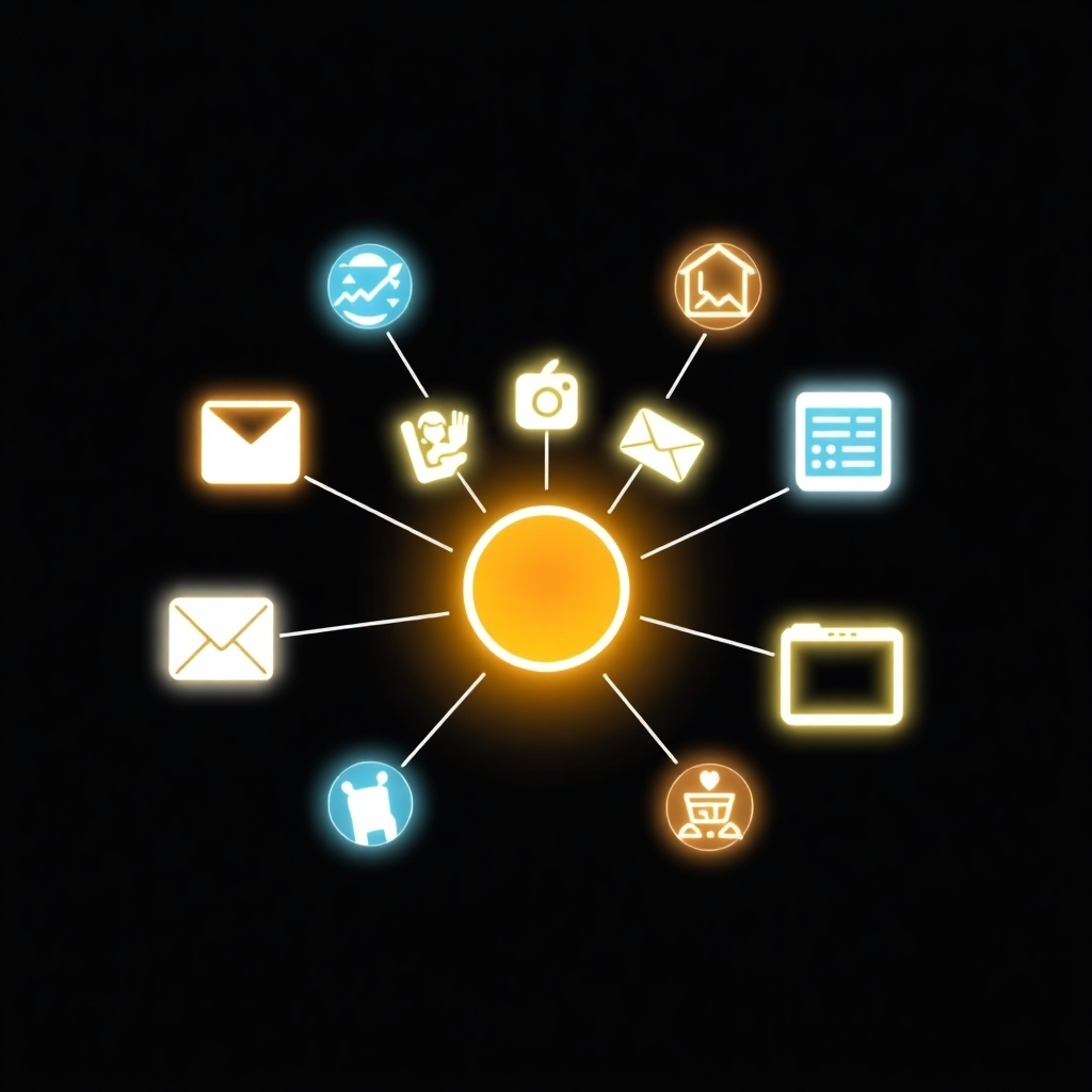 A stylized image showcasing various marketing channels represented by glowing icons (social media, email, website, etc.) converging towards a central point, representing campaign success. The style should be modern and abstract, with a clean and uncluttered layout.  Use a dark background with vibrant icons. The icons should be interconnected, with lines suggesting the flow of information and engagement.