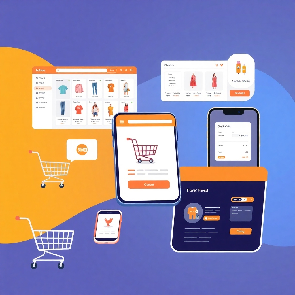 A stylized image showcasing various features and components of a sophisticated e-commerce store, such as product displays, shopping carts, and checkout processes. The focus should be on functionality and visual appeal.