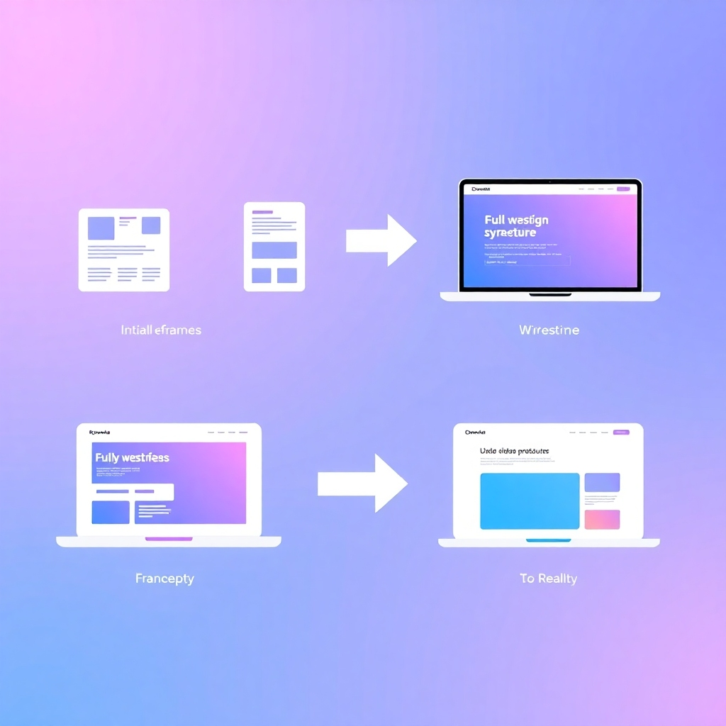 A stylized image showing a website's design evolving from initial wireframes to a fully functional prototype, showcasing a dynamic transition from concept to reality using a vibrant color palette. The style should be clean, minimal, and highly professional, suggesting a forward-thinking design agency.