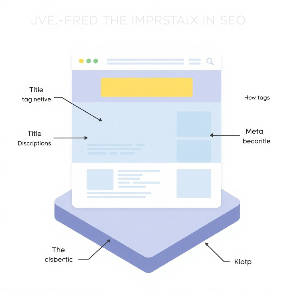 A stylized, isometric illustration showcasing a website's structure, with clearly labelled elements like title tags, meta descriptions, and header tags. The design should emphasize their importance in SEO.