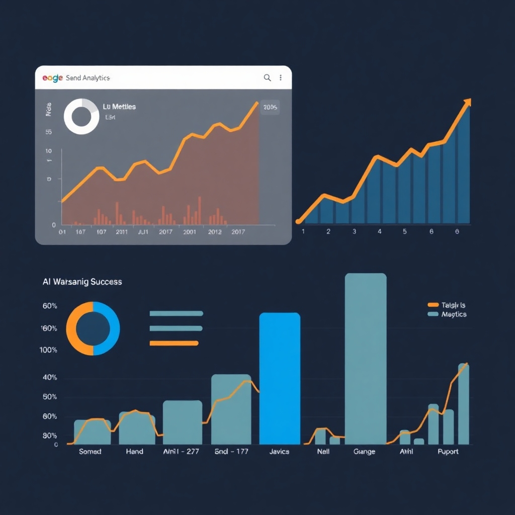 A stylized representation of website analytics dashboards showing upward trends in search ranking and website traffic. This should highlight data-driven insights and success.
