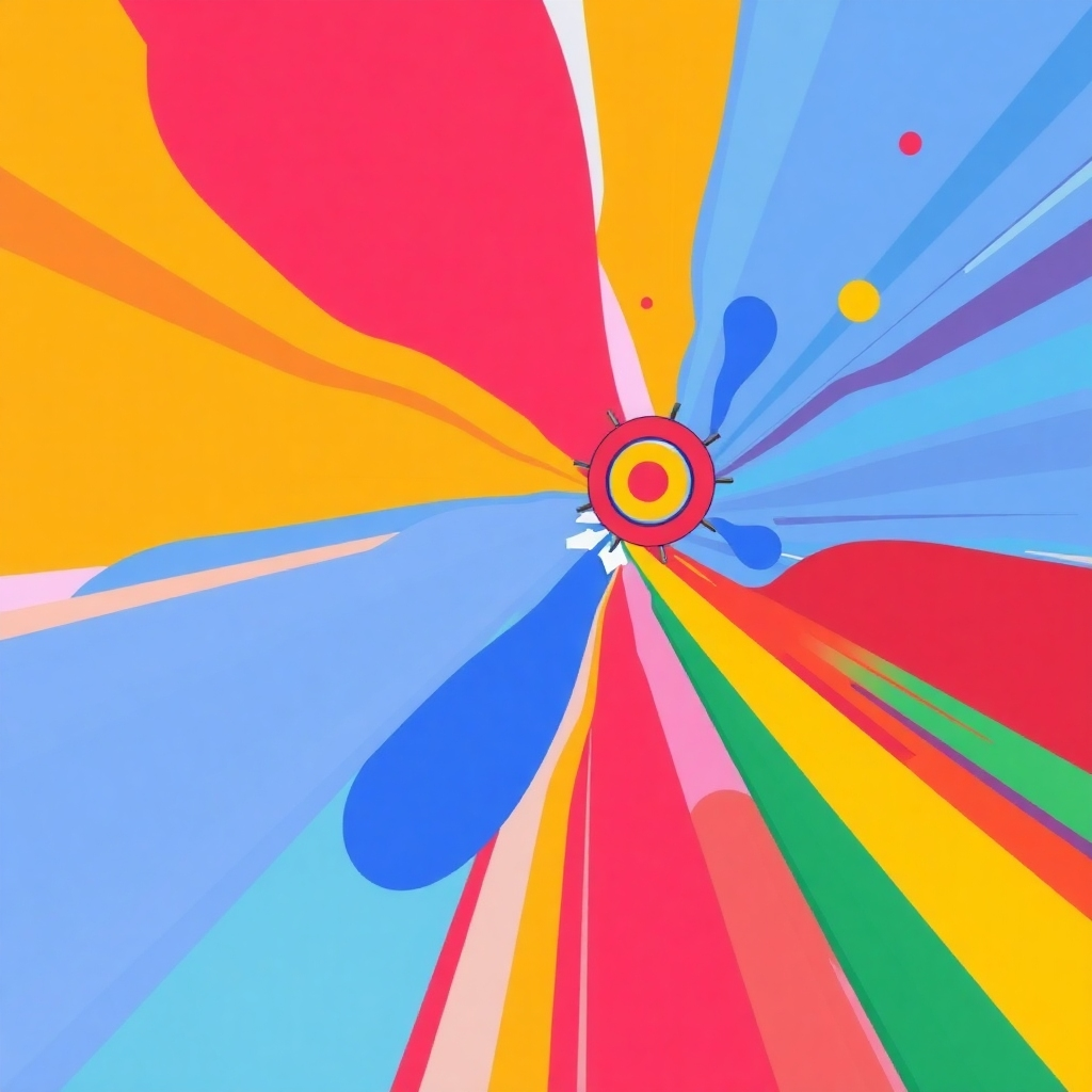 Abstract image using vibrant colors and dynamic shapes to represent goal setting and progress. This could be a stylized image, possibly incorporating elements of a timeline or a path leading to a target. Use a strong color palette that conveys energy and achievement.