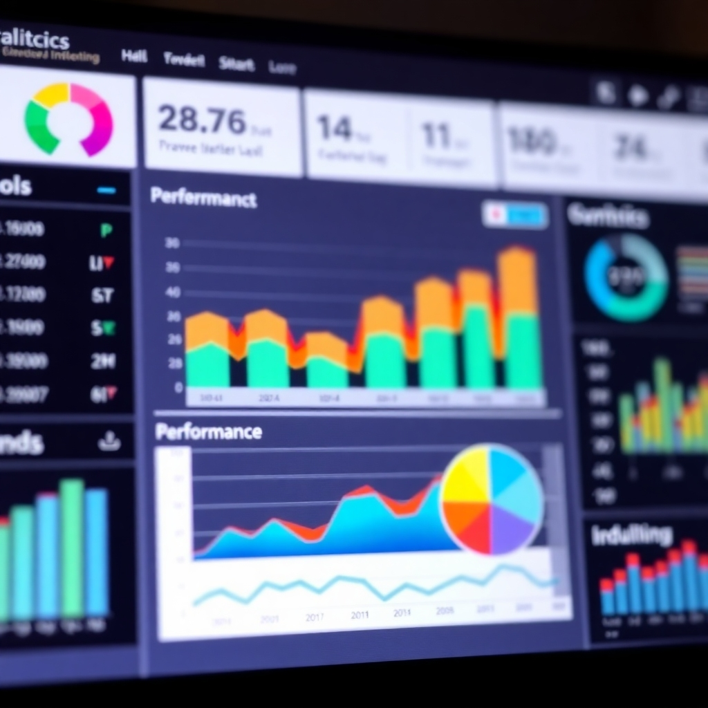 An image depicting a data dashboard showcasing key metrics and performance indicators, with clearly visible positive trends and improvement. This could be a photorealistic representation of an analytics software screen or a stylized interpretation of data visualization.