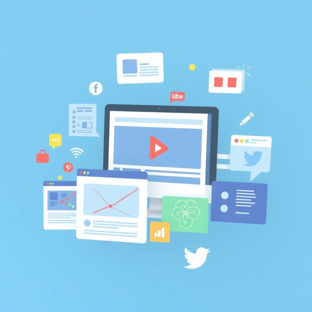 An image depicting a diverse range of engaging content: blog posts, videos, infographics, and social media updates. The image should communicate the idea of creativity, professionalism and variety.