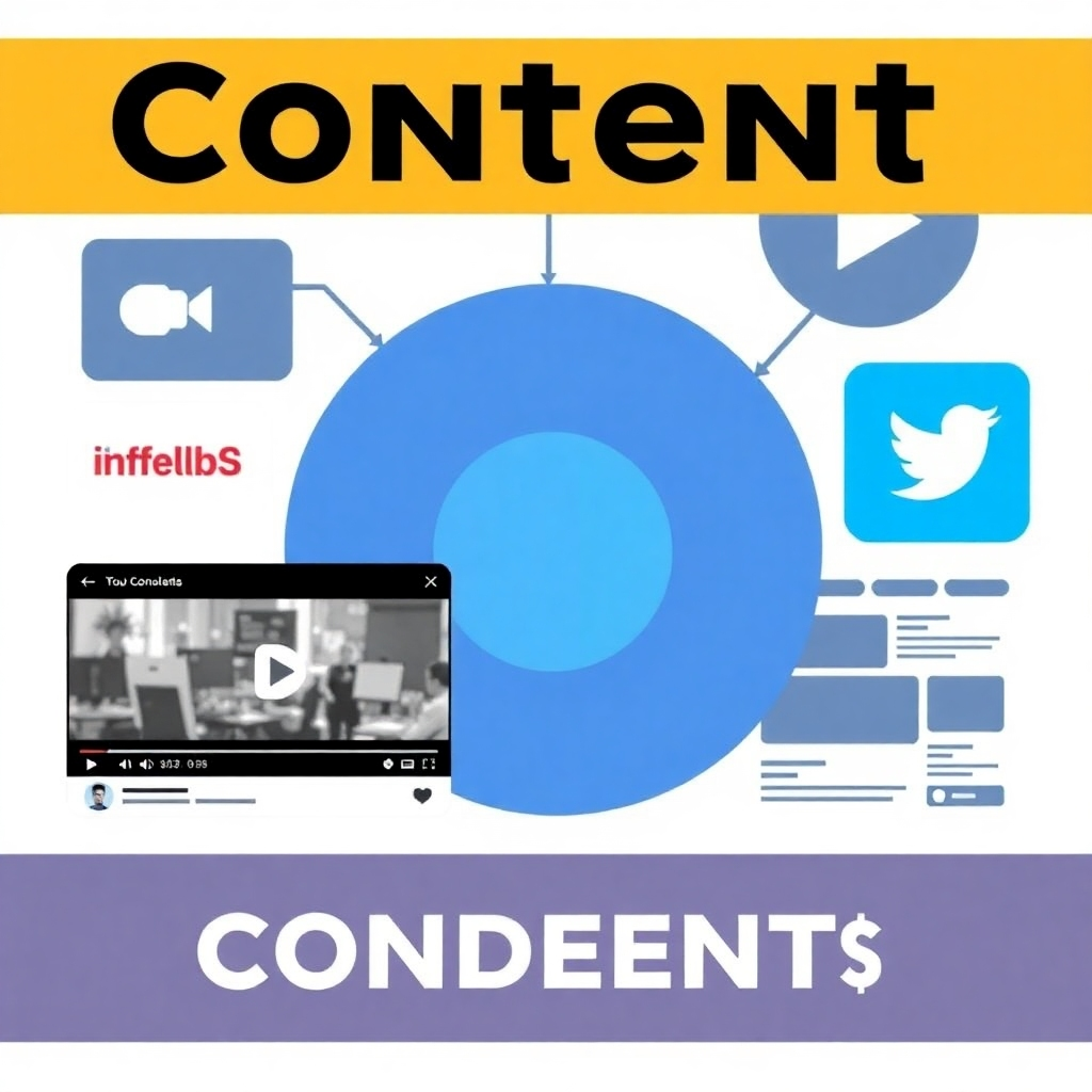An image depicting various content formats (videos, blogs, social media posts) coming together to form a cohesive brand message. Use a clean and modern style, emphasizing integration and synergy.