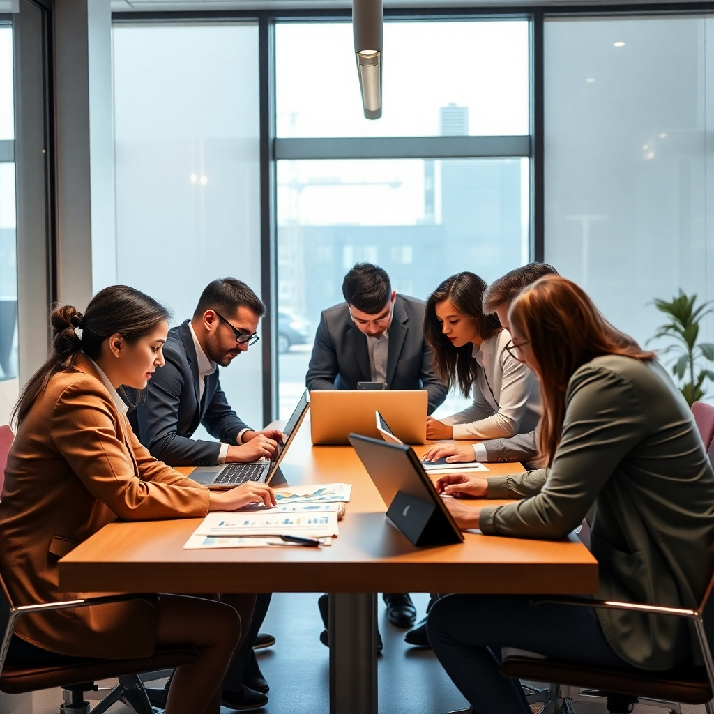 Create a photorealistic image depicting a team of professionals collaborating around a table, deeply engrossed in analyzing data on laptops and charts. The room should be modern and brightly lit. The style should be professional and collaborative, focusing on teamwork and attention to detail. Technical specs: 4K resolution, professional photography style, detailed textures, natural lighting.