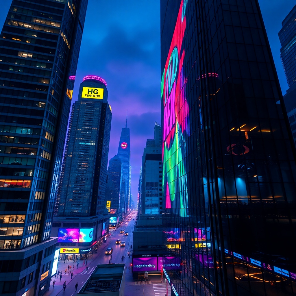Create a photorealistic, ultra-high-quality 8K resolution image for Big Funky Media's website header. The image should depict a bustling cityscape at night, with vibrant, colorful advertising projections displayed on skyscrapers. The composition should emphasize the dynamic energy of marketing, with the city lights reflecting in a sleek, modern building showcasing our logo subtly. The color palette should be rich and dramatic, combining deep blues and purples of the night sky with bright, eye-catching colors from the projections. Use a high-angle, slightly tilted perspective for a dynamic feel. Textures should include the rough concrete of the buildings contrasted with the smooth, reflective surfaces of the projections. The overall mood should be one of excitement and opportunity, conveying the impact of successful marketing campaigns.  Style references: cyberpunk, modern advertising.  The image should be hyperrealistic, with exceptional detail and lighting effects.