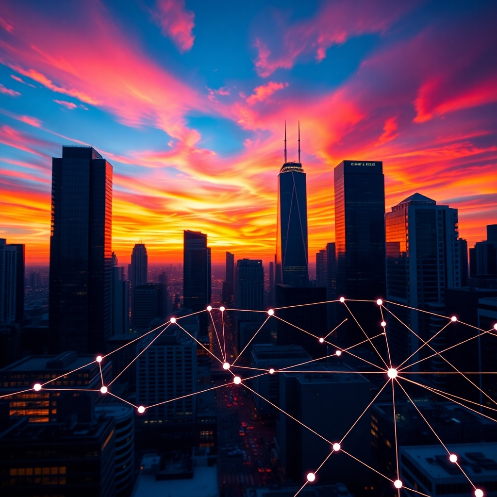 Create a photorealistic, ultra-high-quality 8K resolution image for Big Funky Media's header.  The image should depict a bustling, modern cityscape at sunset, with skyscrapers reaching towards a vibrant, colorful sky.  In the foreground, a stylized, abstract representation of a network of interconnected nodes and lines should be subtly overlaid, symbolizing the interconnectedness of a successful lead generation strategy. The color palette should be rich and warm, with deep blues, oranges, and purples dominating the sky, contrasted by the cooler tones of the city lights. The camera angle should be slightly elevated, providing a broad perspective of the city.  The overall style should evoke a sense of dynamism, innovation, and forward momentum, reflecting Big Funky Media's commitment to cutting-edge digital marketing. The lighting should be a blend of natural sunset hues and the artificial light of the cityscape, creating a dramatic and engaging contrast. Texture details should be hyperrealistic, showing the intricate details of building facades, streetlights, and the subtle texture of the abstract network overlay. The image must be hyperrealistic and highly detailed, showcasing the capabilities of an advanced AI image generator. Style references: trending corporate photography,  futuristic cityscapes. Technical specs: 8K resolution, hyperrealistic rendering, focus on sharp details and vibrant colors.