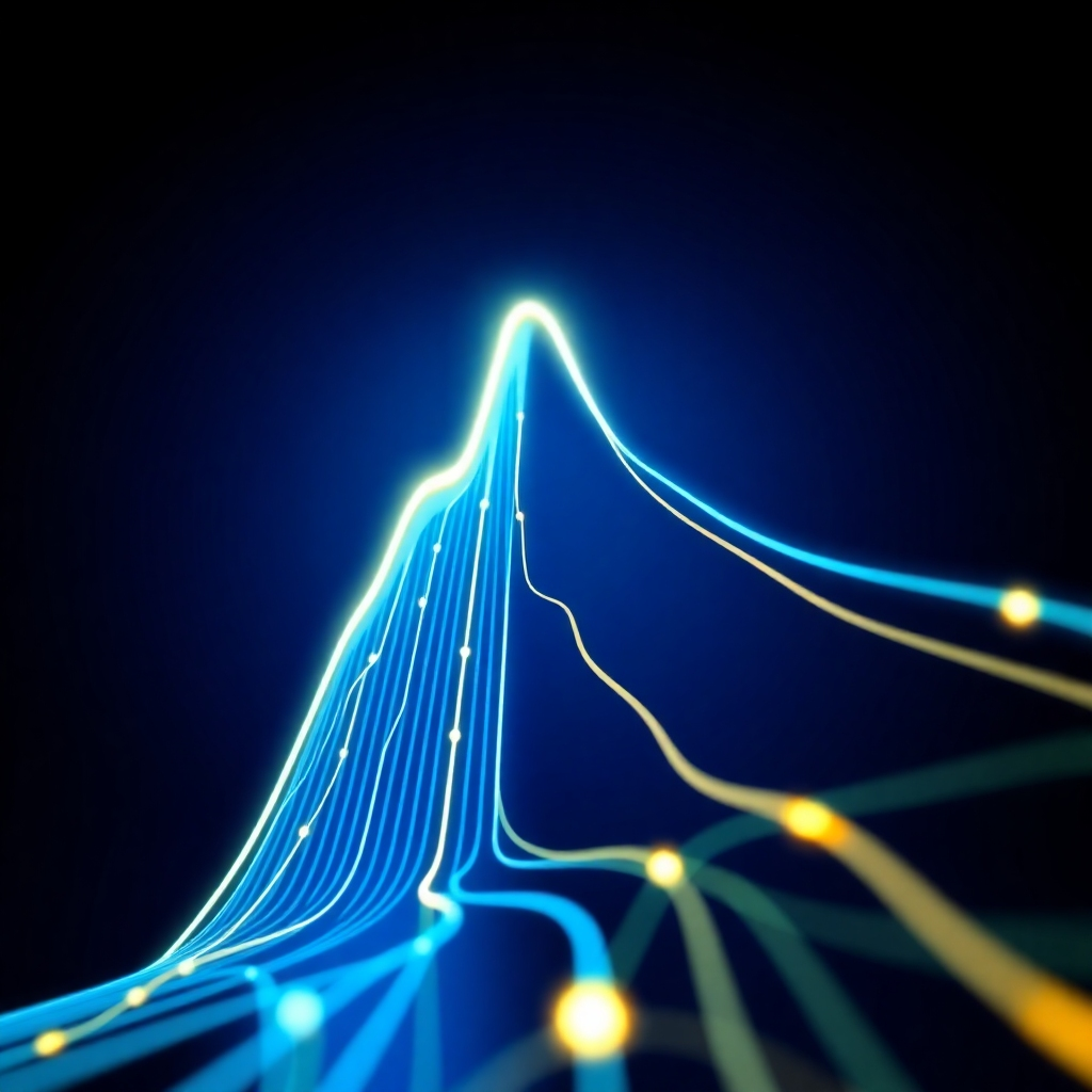 Create a stylized image representing Big Funky Media's mission.  The image should portray a stylized, upward-trending graph made of interconnected glowing lines, symbolizing the growth potential of a custom lead generation strategy. The background should be a dark, rich blue, creating a contrast with the bright, vibrant lines. The color palette should be primarily blues, greens, and bright yellows to represent growth and technology. The camera angle should be from below looking up at the graph, creating a sense of ascent and progress. Texture details should include a subtle glow effect around the lines of the graph, enhancing the sense of energy and momentum.  The overall style should be clean, modern, and minimalist.  Style references: abstract data visualizations,  technology imagery. Technical specs: 4K resolution, high quality, vibrant colors, sharp lines.