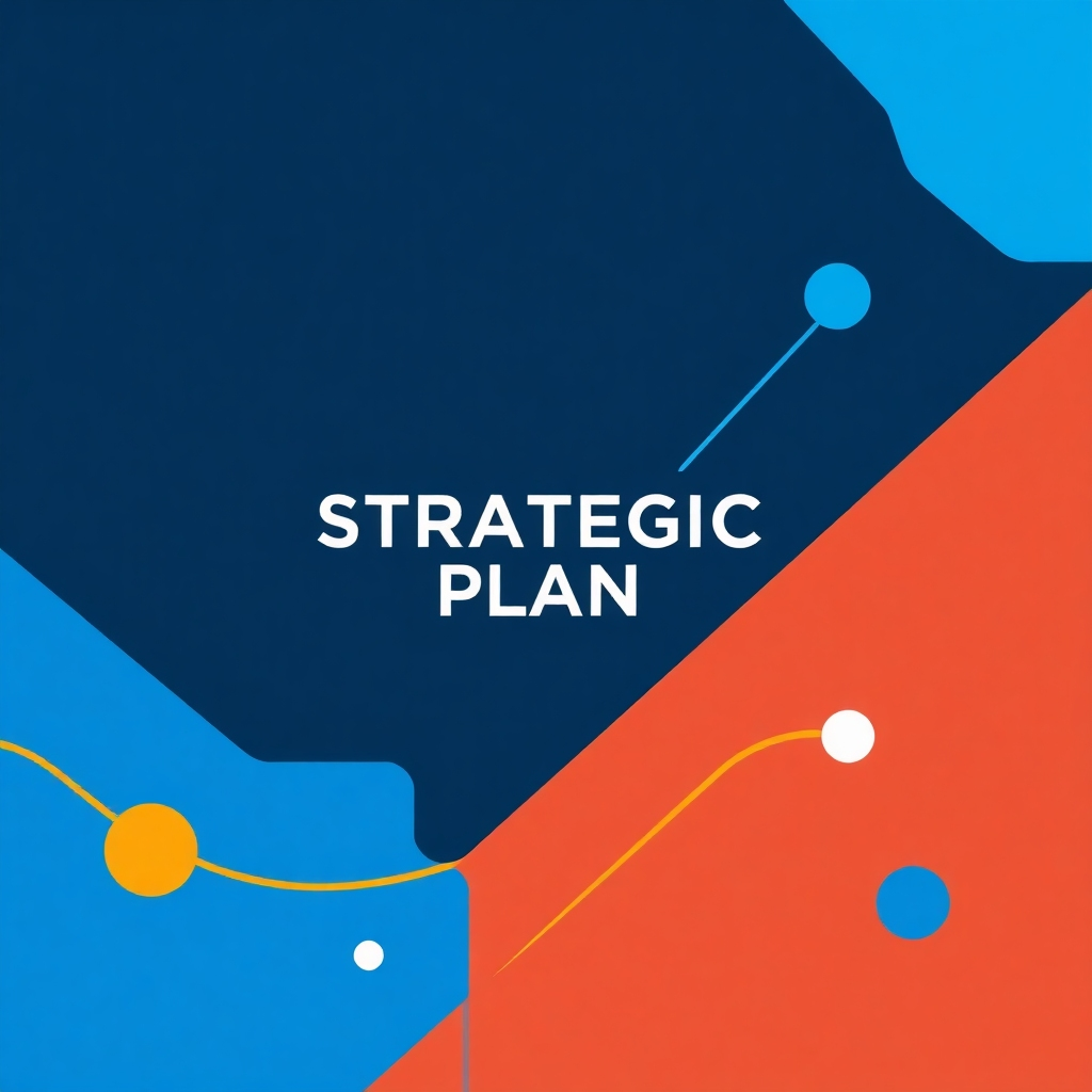 Create a stylized image representing a strategic plan using abstract shapes and lines, bright colors, and a clean modern design. The image should evoke a sense of calculated precision and strategy. Technical specs: 4K resolution, sharp lines, bright colors, modern style.